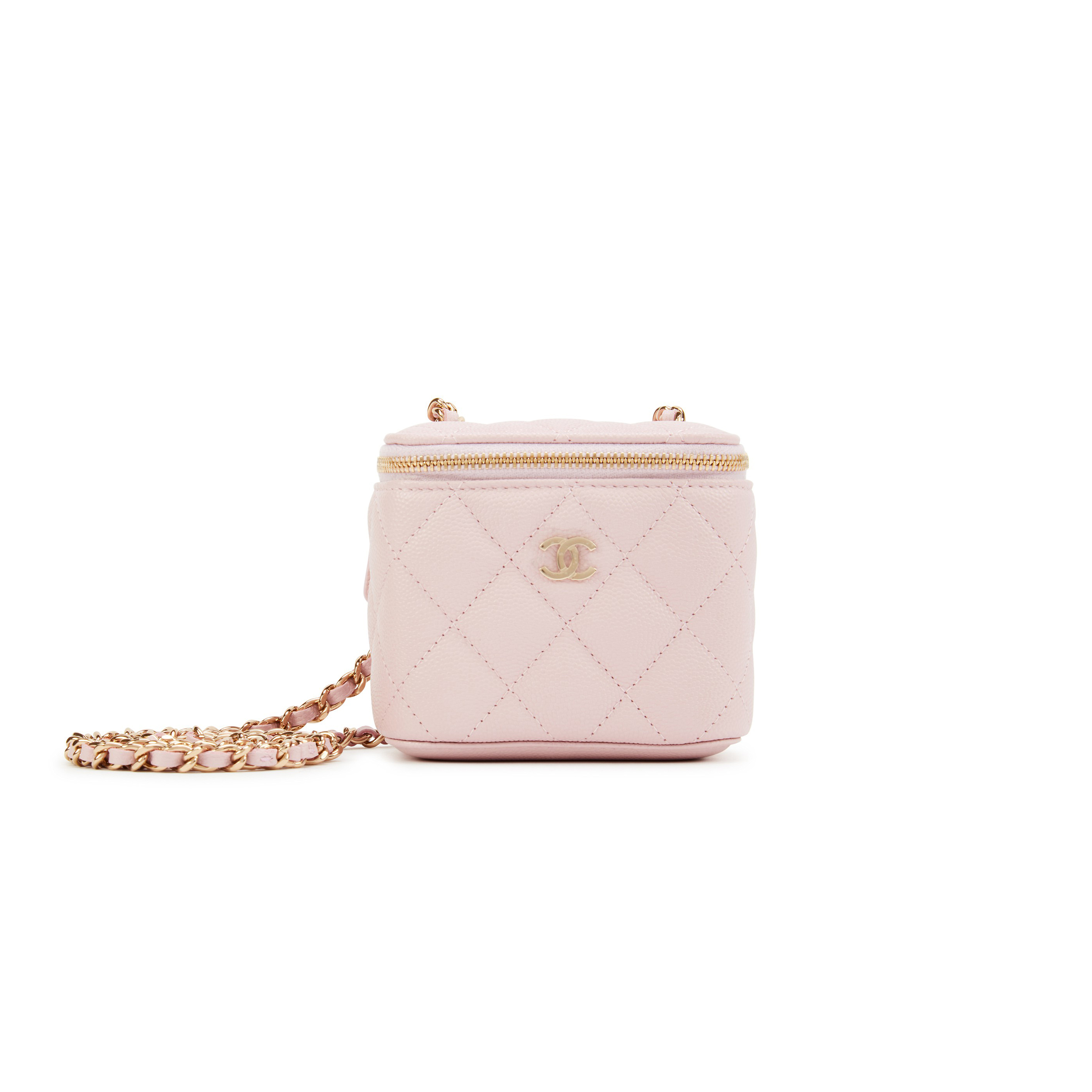 CHANEL LIGHT PINK QUILTED GRAINED CALFSKIN MINI VANITY WITH CHAIN GOLD HARDWARE AP2198 (11*8.5*7cm)